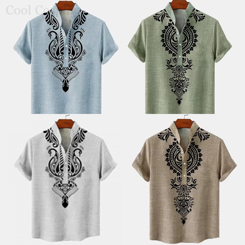 Ethnic Fashion Men - 남성 레트로 헨리 셔츠 남성용 3D