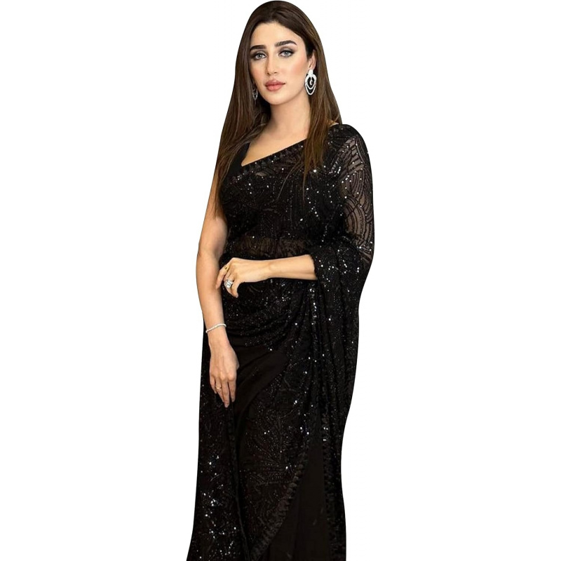 Saree Georgette Women - 여성용 조젯 시퀸스 자수 사리와 언스티치