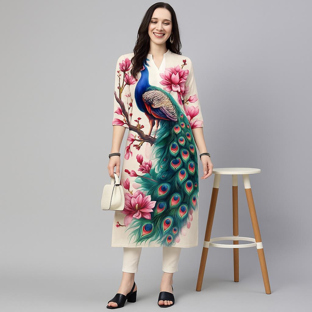 공작새 여성용 쿠르트 캐주얼 패션 드레스 긴 소매 스트 - Ethnic Fashion Kurtis 리뷰 및 가격