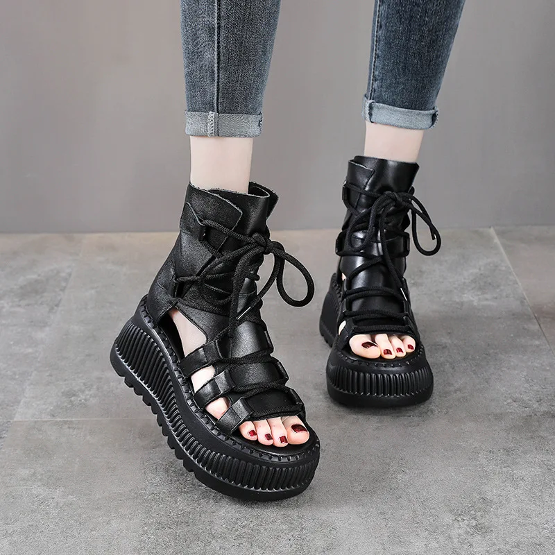 8CM 에스닉 소 가죽 앵클 부츠 여성용 속굽 플랫폼  - Ethnic Fashion 리뷰 및 가격