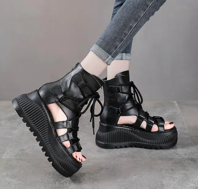 8CM 에스닉 소 가죽 앵클 부츠 여성용 속굽 플랫폼  - Ethnic Fashion 리뷰 및 가격