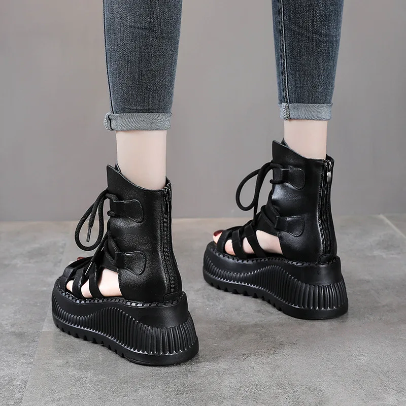 8CM 에스닉 소 가죽 앵클 부츠 여성용 속굽 플랫폼  - Ethnic Fashion 리뷰 및 가격