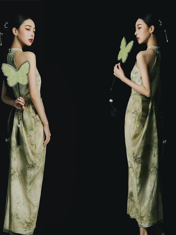 새로운 녹색 중국 스타일 백리스 드레스 여성 패셔너블한 - Ethnic Fashion Studio 리뷰 및 가격