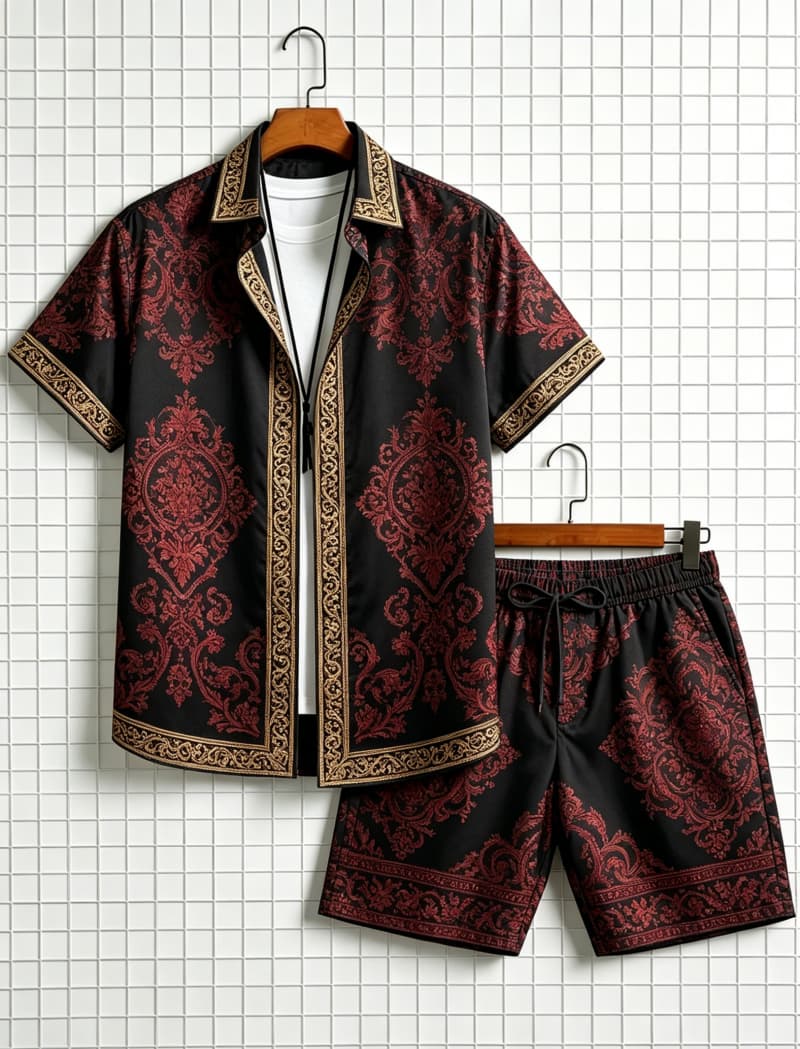 남성 에스닉 프린트 반팔 셔츠와 반바지 세트, 산뜻하고 - Ethnic Fashion 리뷰 및 가격
