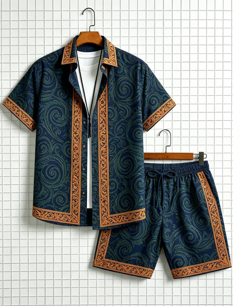 남성 에스닉 프린트 반팔 셔츠와 반바지 세트, 산뜻하고 - Ethnic Fashion 리뷰 및 가격