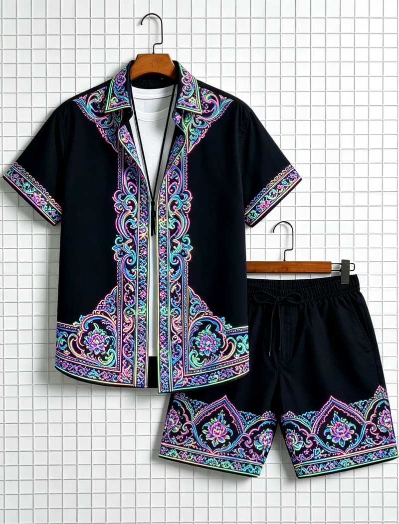 남성 에스닉 프린트 반팔 셔츠와 반바지 세트, 산뜻하고 - Ethnic Fashion 리뷰 및 가격