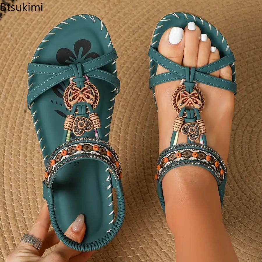 여성 보헤미안 샌들 야외 해변 드레스 캐주얼 슈즈 플랫 - Ethnic Fashion 리뷰 및 가격