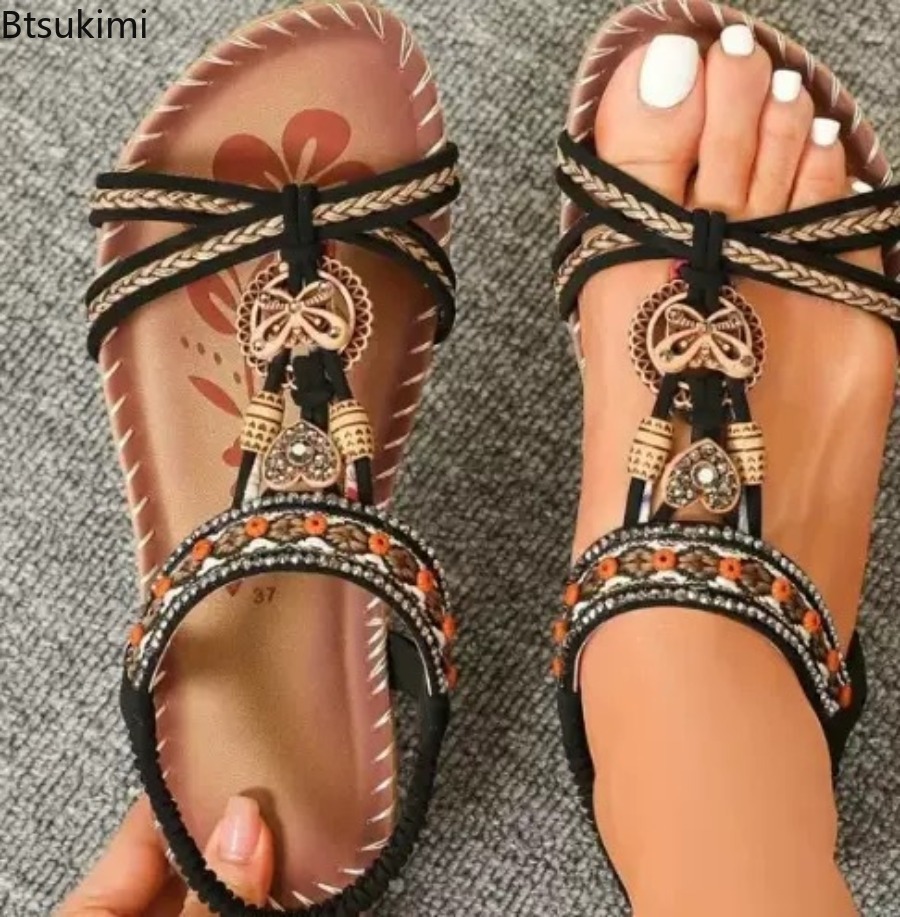 여성 보헤미안 샌들 야외 해변 드레스 캐주얼 슈즈 플랫 - Ethnic Fashion 리뷰 및 가격