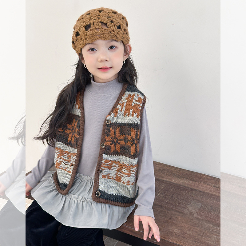 2025 가을 신상 패션 소녀 레트로 니트 조끼 어린이 - Ethnic Fashion Boutique 리뷰 및 가격